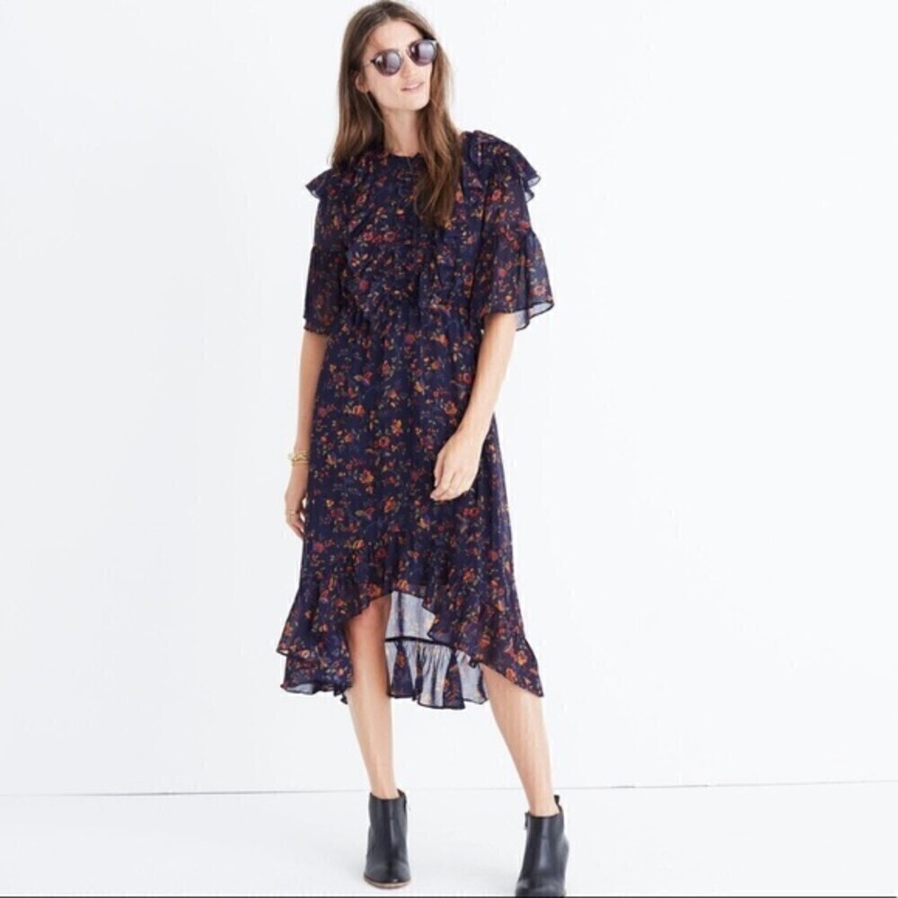 Madewell Ruffle Midi High Low Dress in Climbing Vine Blue Floral Size 00